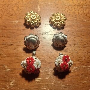 Floral Coro Gold, Silver Monet, and Red Earrings Set